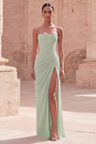 Light Pink Strapless Sheath Ruched Long Prom Dress with Slit
