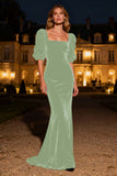 Navy Mermaid Square Neck Puff Sleeves Velvet Long Formal Dress