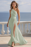 Ivory One Shoulder Ruched Maxi Beach Engagement Dress with Slit