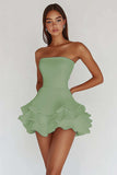 White Strapless A Line Tiered Matte Satin Graduation Dress