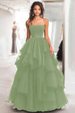 Princess Black Strapless Tulle Tiered Ruched Long Prom Dress