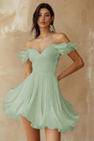 A Line Ruffled Off the Shoulder Pleated White Graduation Dress