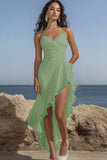 White Spaghetti Straples Ruched Ruffled Graduation Dress with Slit
