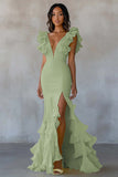 Yellow V-Neck Mermaid Ruffles Formal Dress with Slit