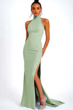 Sky Blue Halter Satin Mermaid Formal Dress with Slit