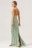 Champagne Sheath Halter Long Bridesmaid Dress With Slit