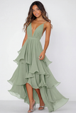 Ruffled Tiered Red Chiffon Spaghetti Straps Formal Dress