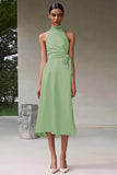Pink A Line Halter Tea Length Satin Formal Dress