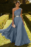 Dusty Blue One Shoulder A Line Chiffon Maxi Formal Dress