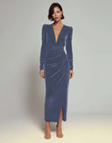 Velvet Sheath Olive V-Neck Ruched Choir Dress with slit
