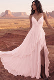 Ivory Spaghetti Straps A-Line Floor Length Ruffled Boho Wedding Dress with Slit