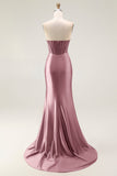Blush Mermaid Sheer Corset Beaded Strapless Long Prom Dress With Slit