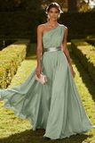 Dusty Blue One Shoulder A Line Chiffon Maxi Formal Dress