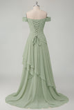 Off the Shoulder Chiffon Butter Yellow A-Line Ruched Maxi Dress with Slit