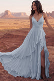 Ivory Spaghetti Straps A-Line Floor Length Ruffled Boho Wedding Dress with Slit