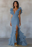Yellow Mermaid V-Neck Tiered Long Formal Dress with Ruffled Slit