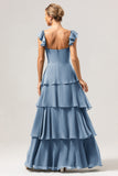 Eucalyptus A-Line Off The Shoulder Ruffled Chiffon Long Bridesmaid Dress