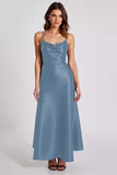 Satin Navy A Line Spaghetti Straps Formal Dress