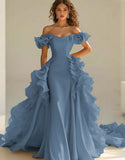 Yellow Off The Shoulder Mermaid Ruffles Satin Prom Dress