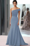 One Shoulder Coffee Crepe Sheath Ruched Gala Dress
