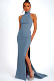 Sky Blue Halter Satin Mermaid Formal Dress with Slit