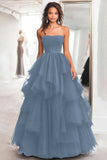 Princess Black Strapless Tulle Tiered Ruched Long Prom Dress