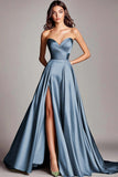 Dusty Sage Strapless A Line Ruched Satin Long Prom Dress with Slit