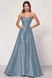 Dark Green A Line Satin Sweetheart Long Prom Dress