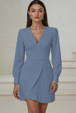 Ivory V-Neck Pleated Work Dress with Long Sleeves