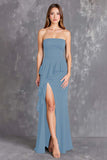 Black Strapless Ruffled Long Formal Dress with Slit