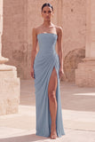 Light Pink Strapless Sheath Ruched Long Prom Dress with Slit