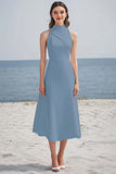 Simple Ivory High Neck Satin Midi Engagement Dress