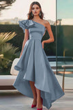 Fuchsia One Shoulder High-Low Satin A Line Formal Dress