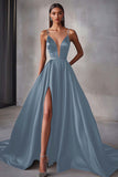 Navy Satin A Line Spaghetti Straps Long Prom Dress with Slit