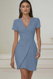 Ivory V-Neck Pleated Work Dress with Short Sleeves