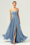 A-Line Spaghetti Straps Pleated Chiffon Eucalyptus Bridesmaid Dress with Slit