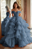 Black Princess Off The Shoulder Tiered Ruffled Long Prom Dress