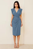 Olive Ruched Bodycon V Neck Midi Formal Dress