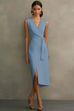 White Satin V-Neck Formal Dress with Belt