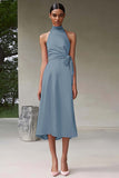 Pink A Line Halter Tea Length Satin Formal Dress
