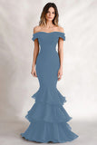 Off the Shoulder Black Mermaid Tiered Satin Wedding Guest Dress