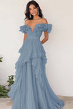 Lilac Ruffled Off the Shoulder A Line Pleated Prom Dress