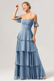 Eucalyptus A-Line Off The Shoulder Ruffled Chiffon Long Bridesmaid Dress