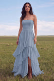 Strapless Ivory A Line Ruffled Boho Wedding Dress with Slit