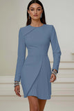 Ivory Asymmetrical Pleated Work Dress with Long Sleeves