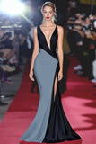 Sheath Black&White Deep V Neck Long Gala Dress