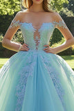 Off the Shoulder Mint Appliqued Ball Gown Tulle Quinceanera Dress