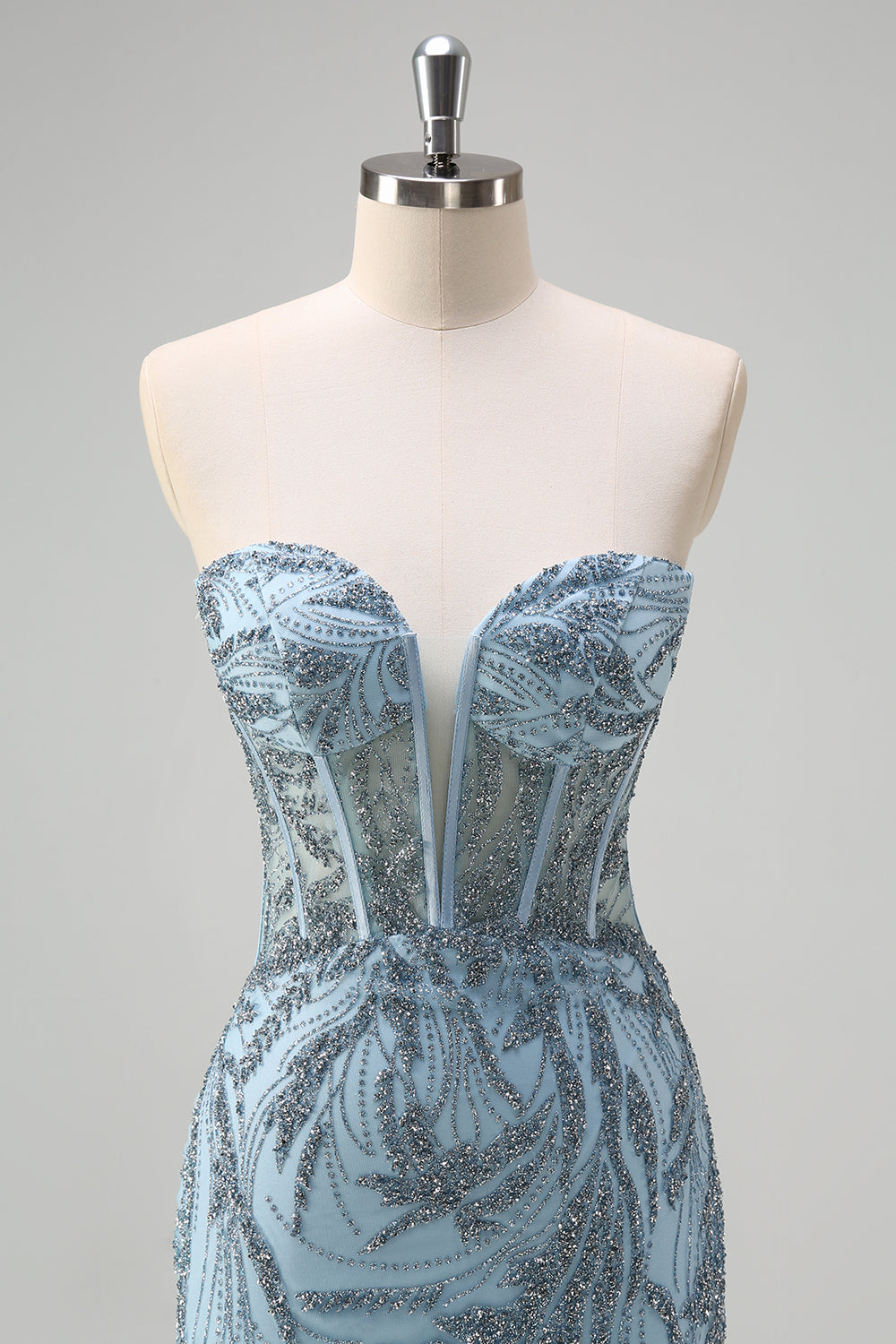 Sparkly Light Blue Mermaid Strapless Corset Long Beaded Prom Dress With Slit