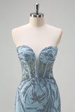 Sparkly Light Blue Mermaid Strapless Corset Long Beaded Prom Dress With Slit