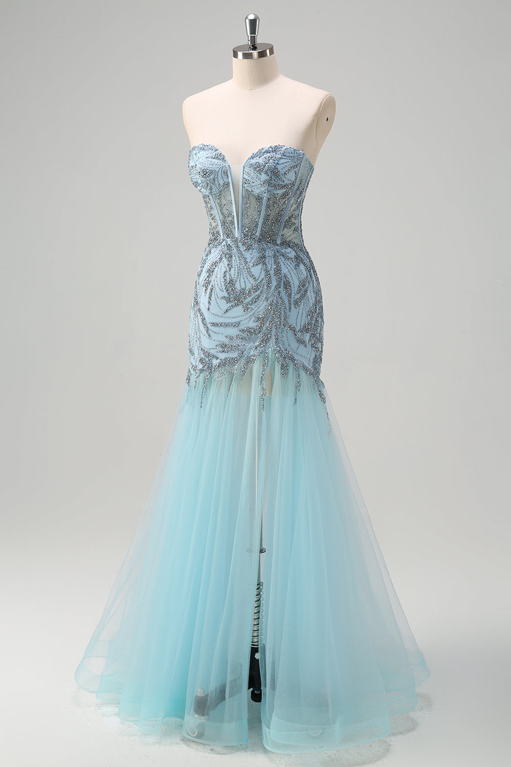 Sparkly Light Blue Mermaid Strapless Corset Long Beaded Prom Dress With Slit